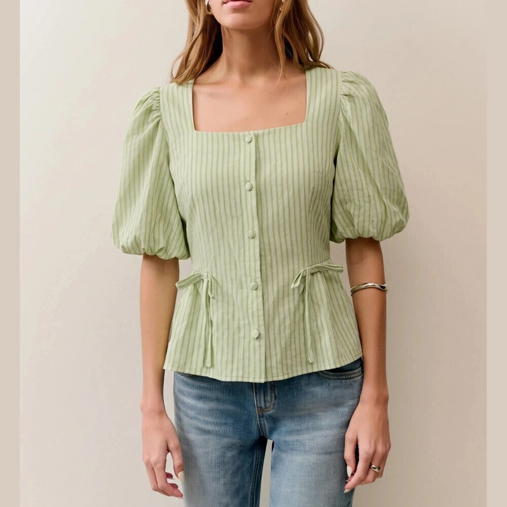 Sage Green Striped Puff Sleeve Bow Tie Waist Blouse
